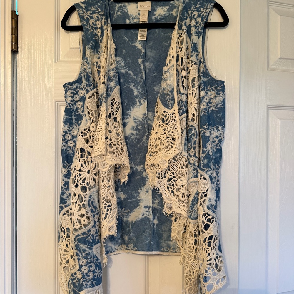 Chicos Crochet Lace Overlay Vest - Blue and Cream